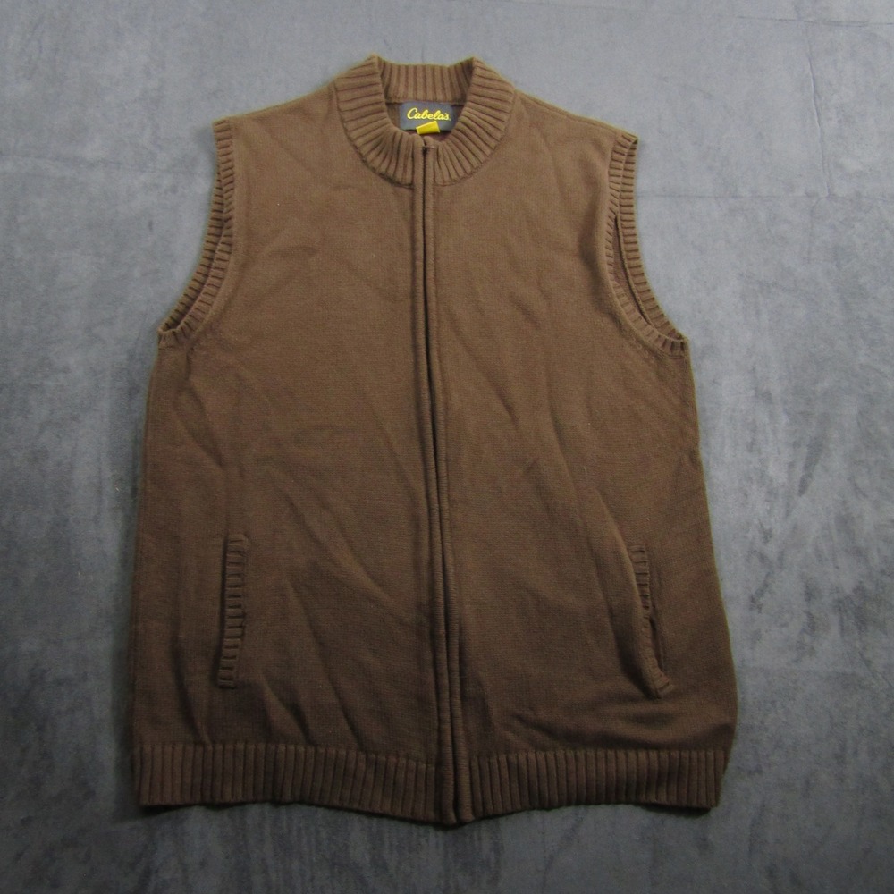 Cabela's Sweater Vest Mens Large Brown Full Zip Cotton Knit Mock Neck Pockets